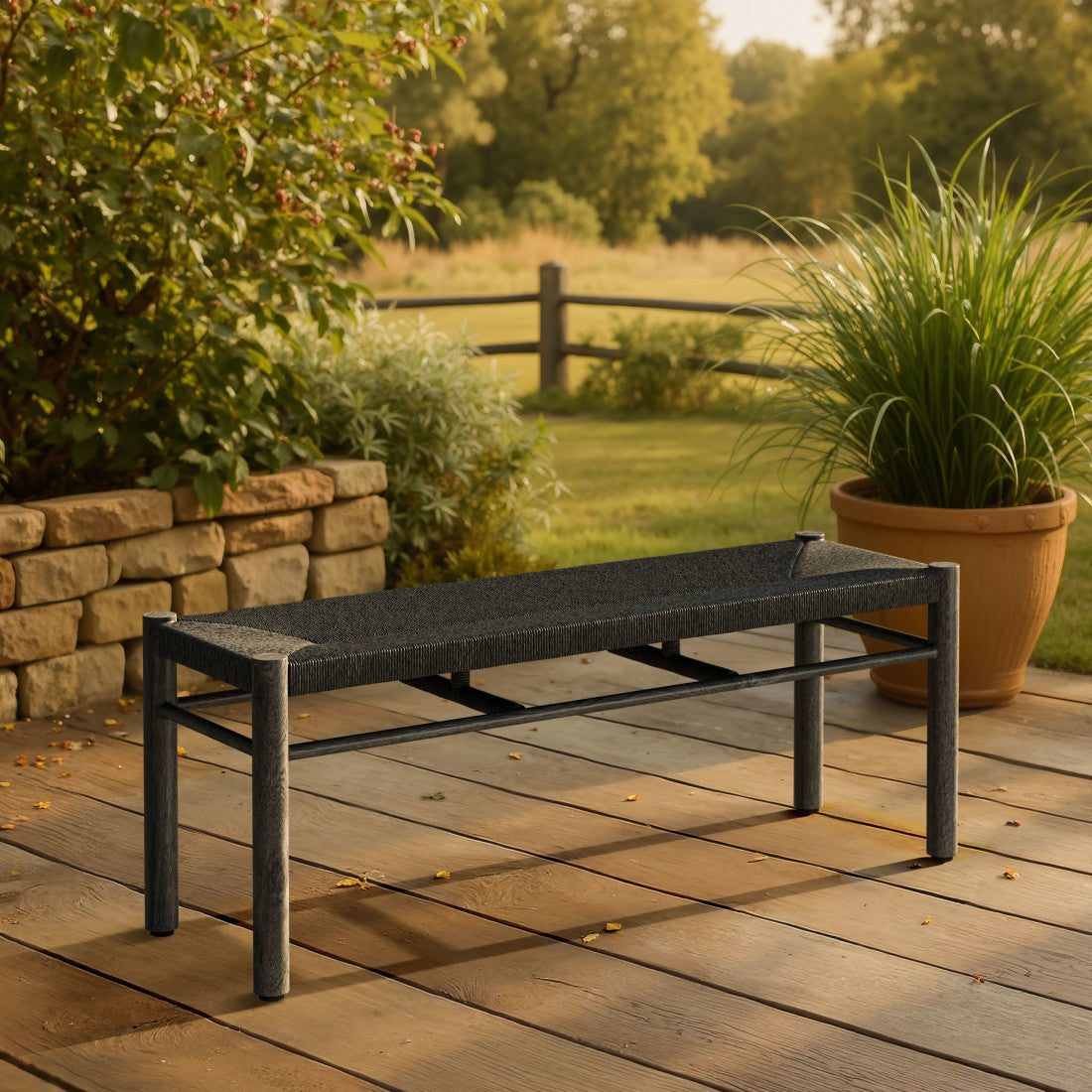 48" Black Metal And Faux Rattan Garden Patio Bench