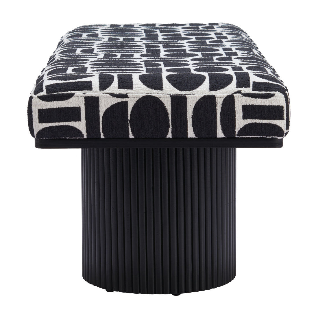 49" Black And White Geometric Fabric and Solid Wood Upholstered Bench