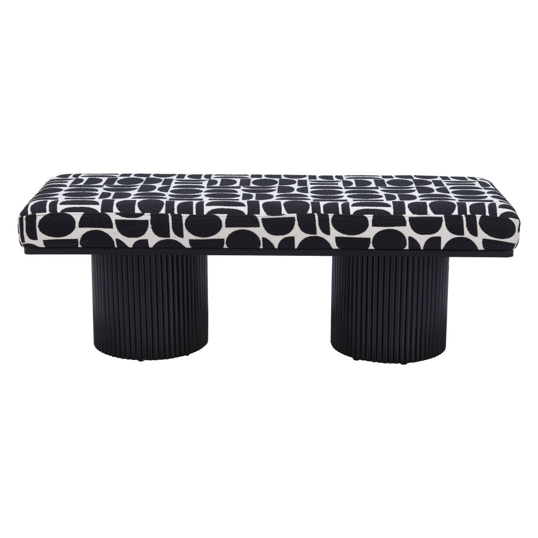 49" Black And White Geometric Fabric and Solid Wood Upholstered Bench