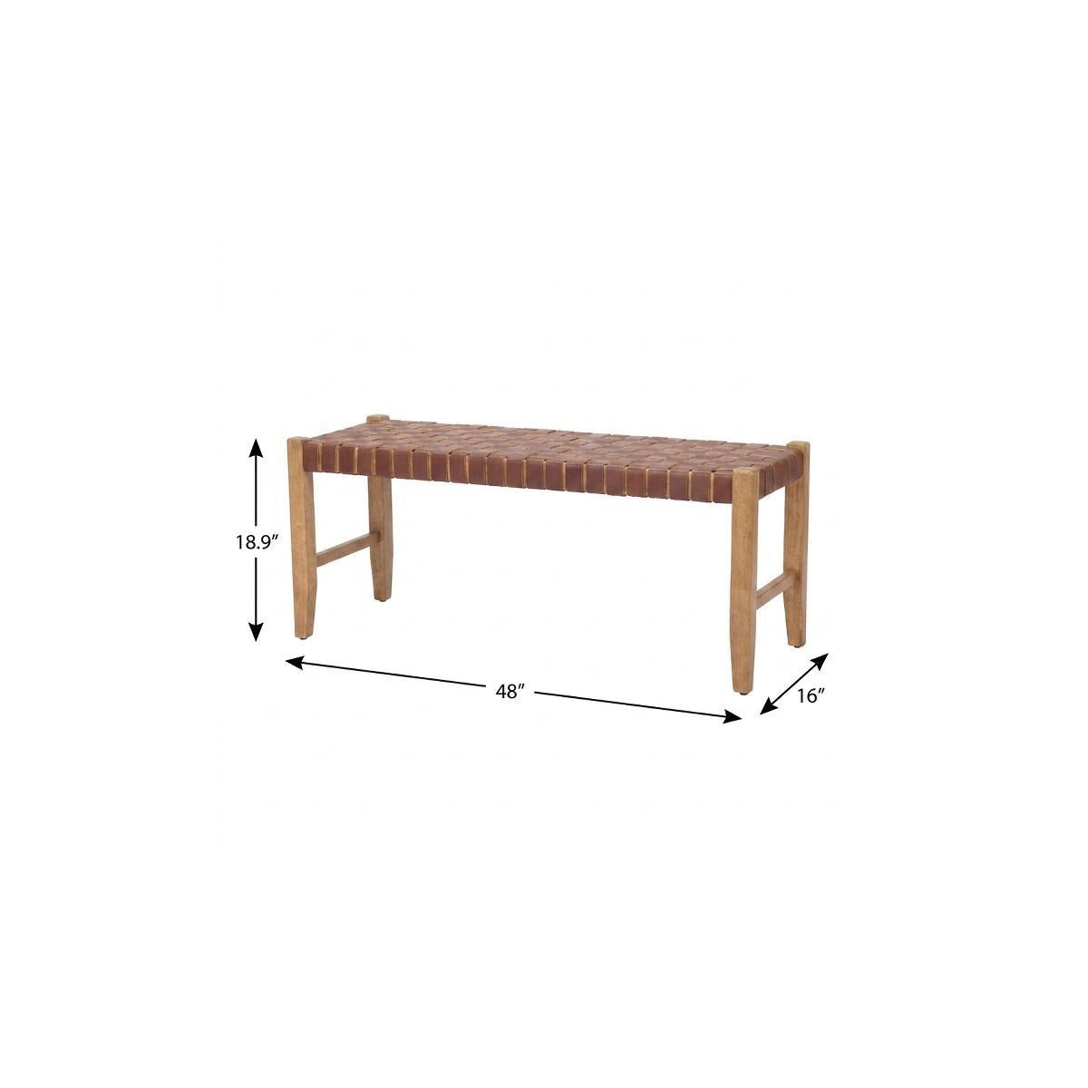 48" Brown and Natural Genuine Leather and Solid Wood Bench