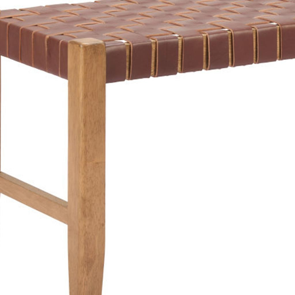 48" Brown and Natural Genuine Leather and Solid Wood Bench