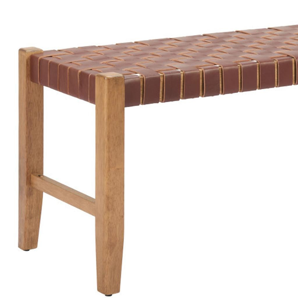 48" Brown and Natural Genuine Leather and Solid Wood Bench