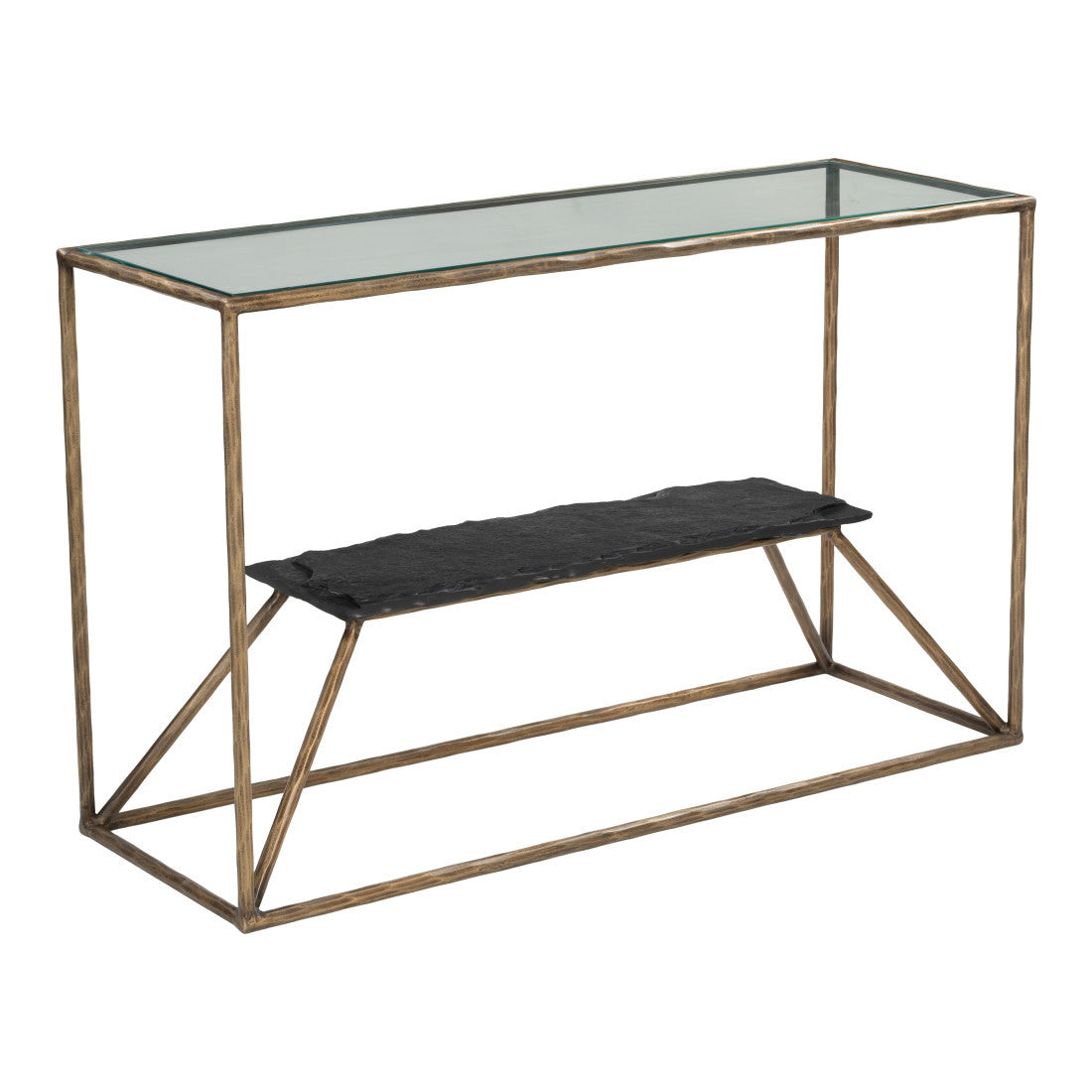 48" Clear and Brass Glass Iron and Stone Frame Console Table With Shelf