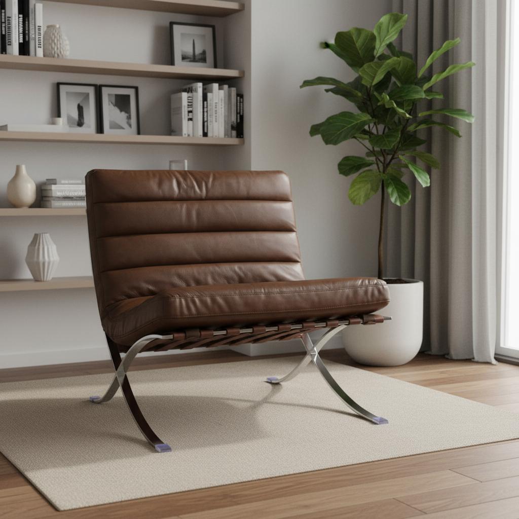 29" Brown and Silver Tufted Leather and Upholstered Folding Lounge Chair