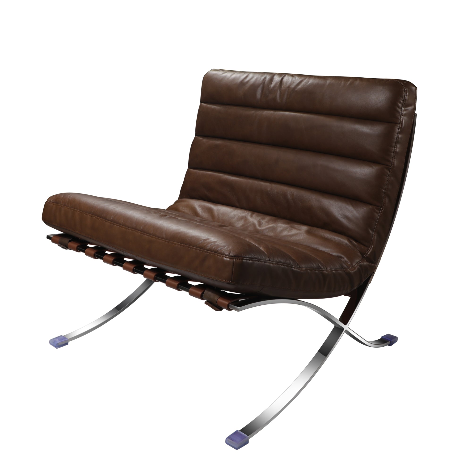 29" Brown and Silver Tufted Leather and Upholstered Folding Lounge Chair