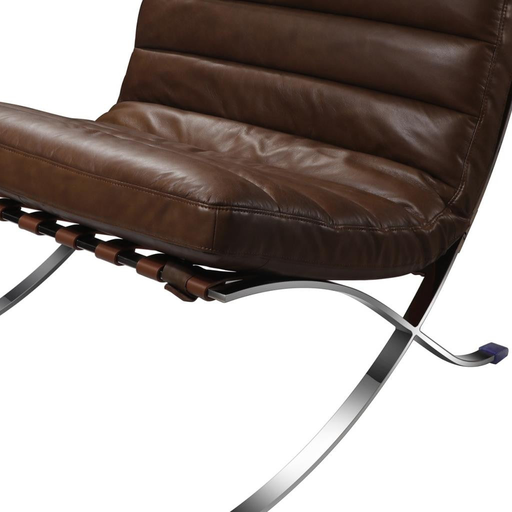 29" Brown and Silver Tufted Leather and Upholstered Folding Lounge Chair