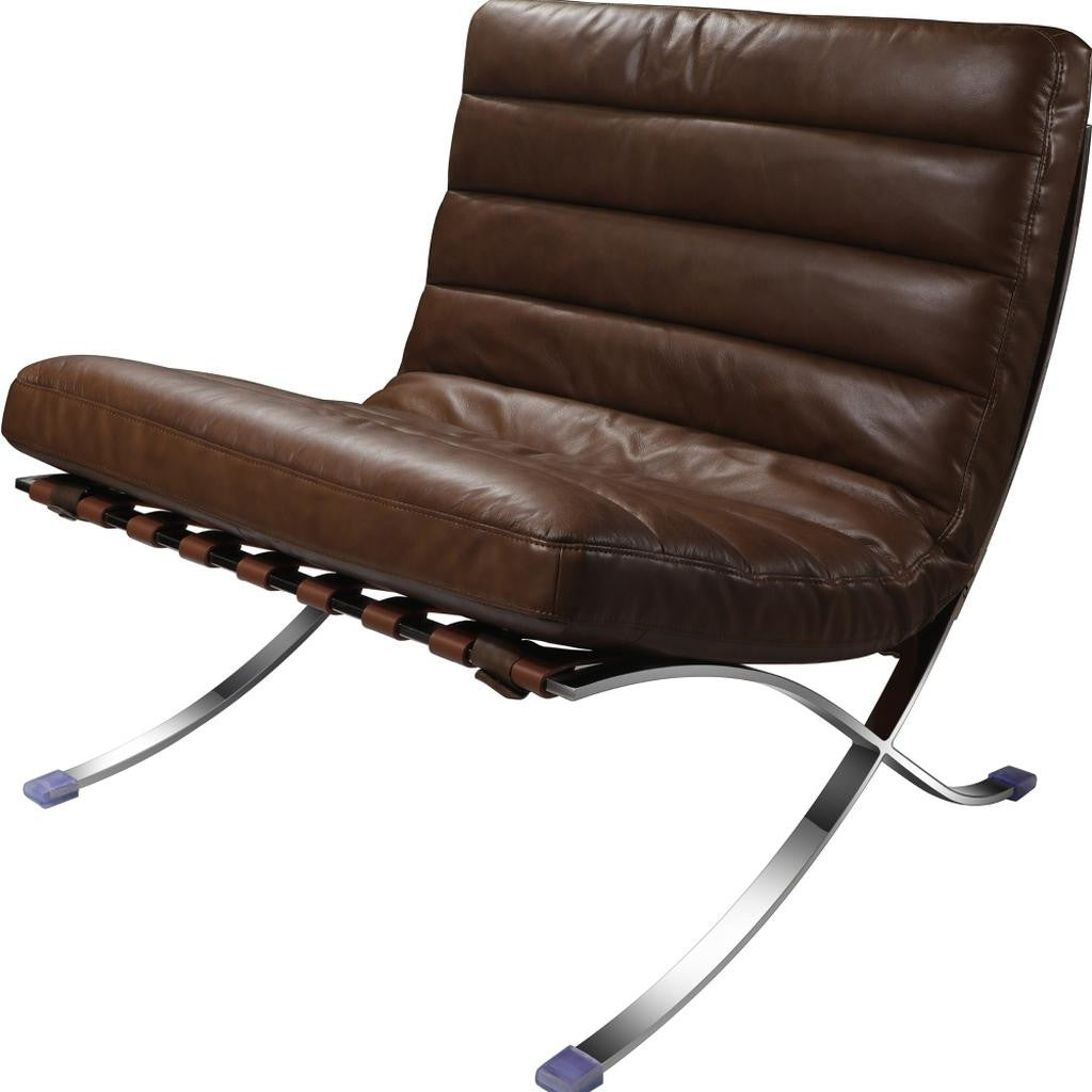 29" Brown and Silver Tufted Leather and Upholstered Folding Lounge Chair