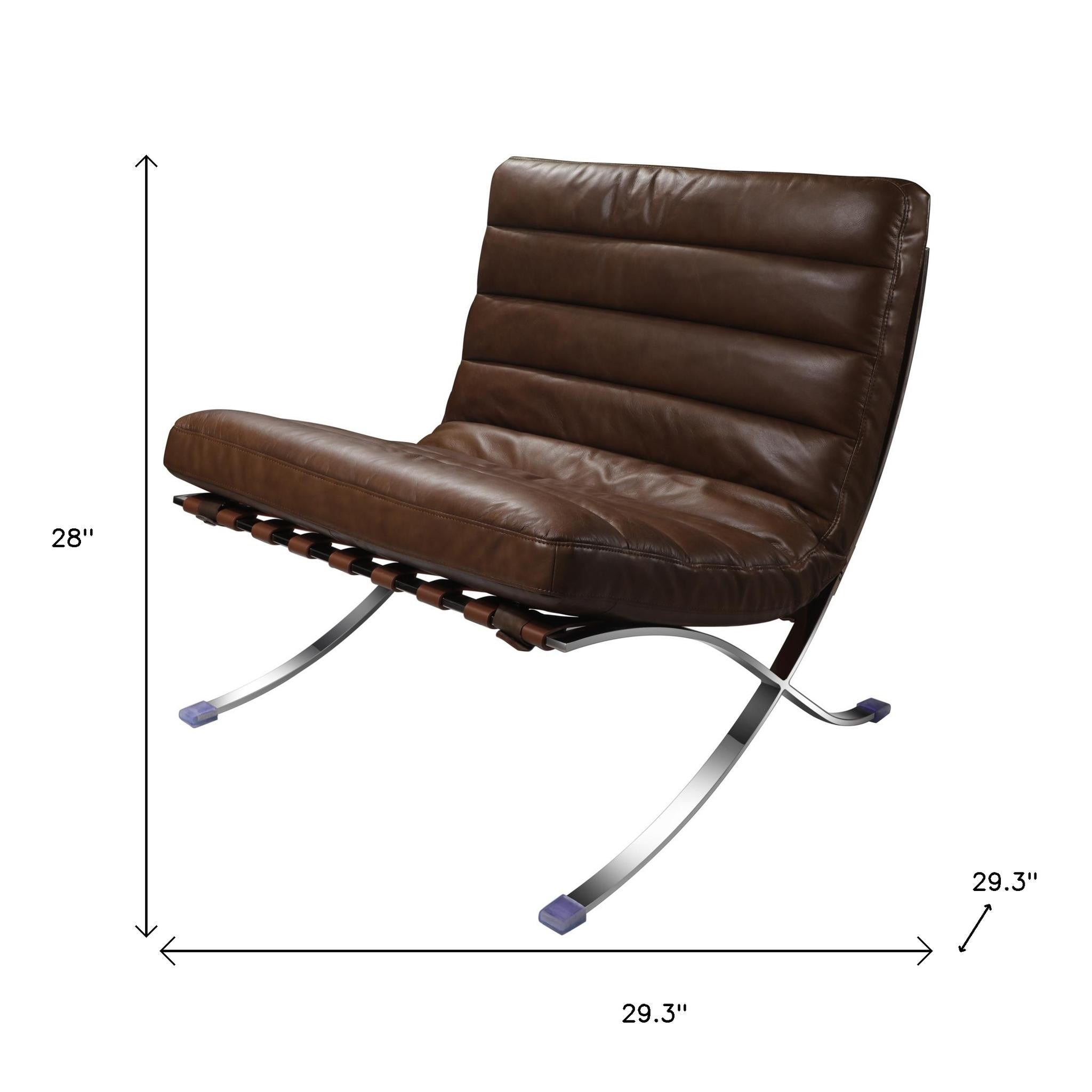 29" Brown and Silver Tufted Leather and Upholstered Folding Lounge Chair
