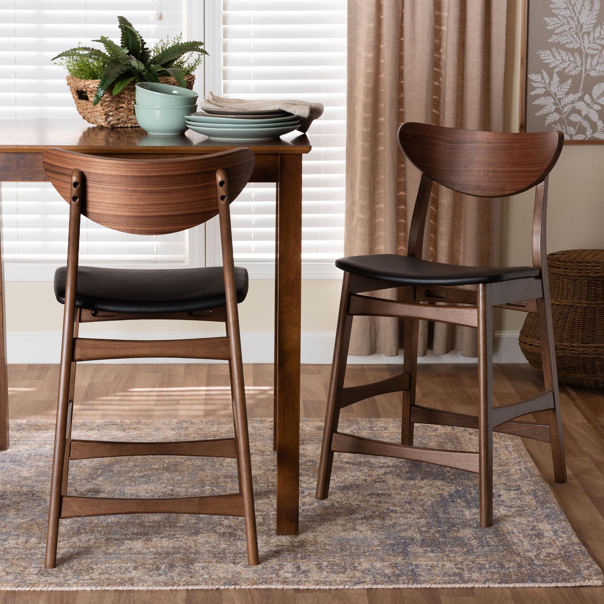 Baxton Studio Latina Mid-century Retro Modern Scandinavian Style Black Faux Leather Upholstered Walnut Wood Finishing 24-Inches Counter Stool