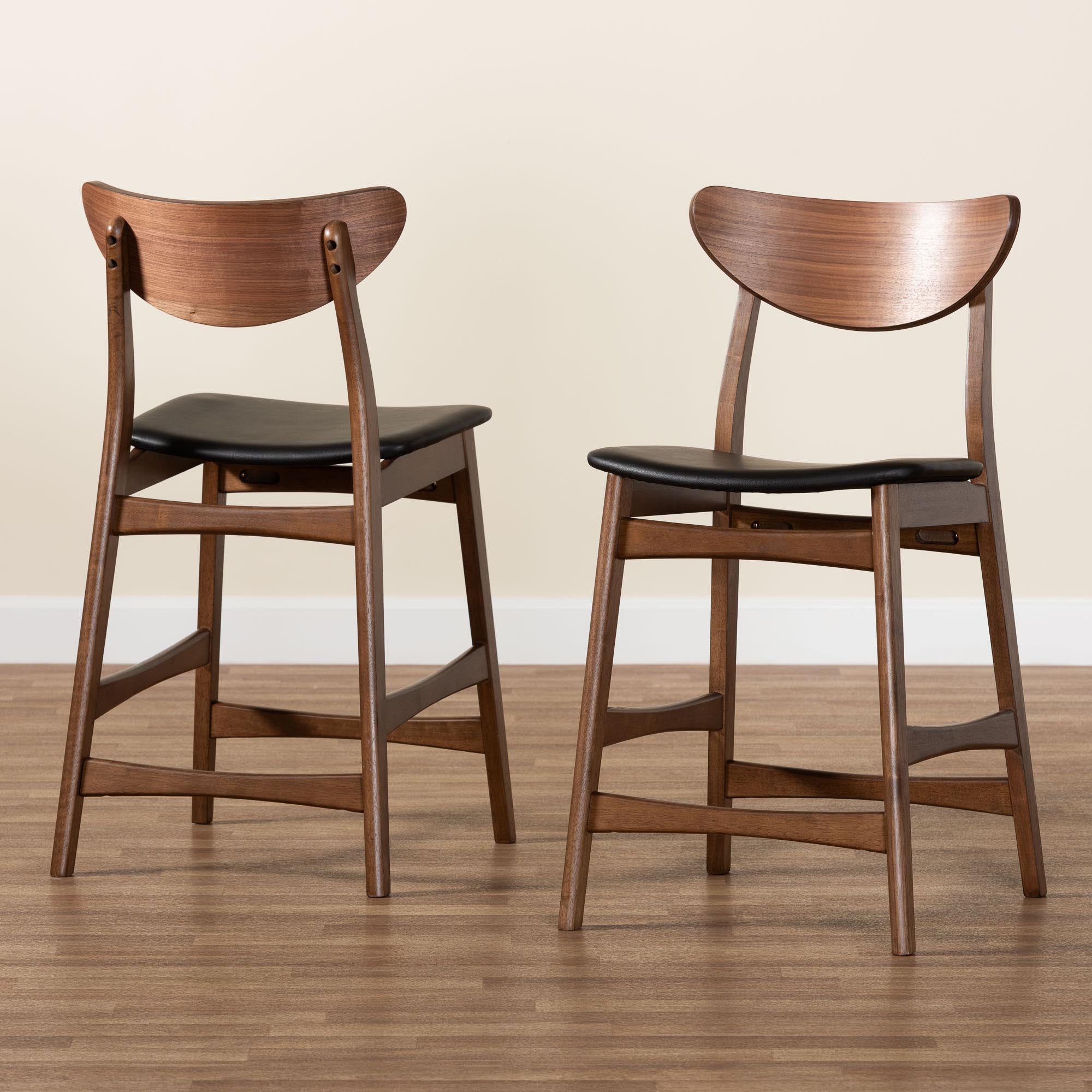 Baxton Studio Latina Mid-century Retro Modern Scandinavian Style Black Faux Leather Upholstered Walnut Wood Finishing 24-Inches Counter Stool