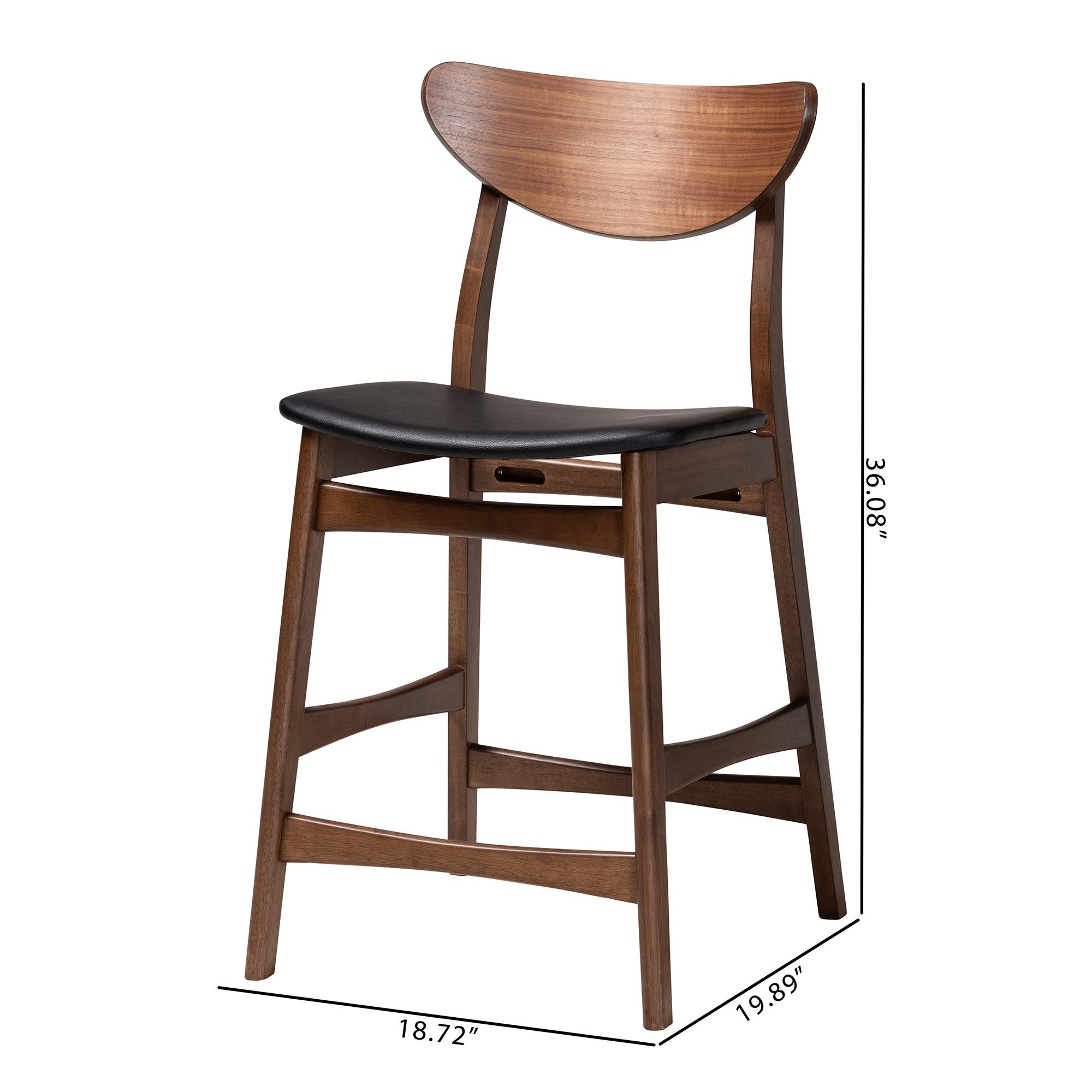 Baxton Studio Latina Mid-century Retro Modern Scandinavian Style Black Faux Leather Upholstered Walnut Wood Finishing 24-Inches Counter Stool