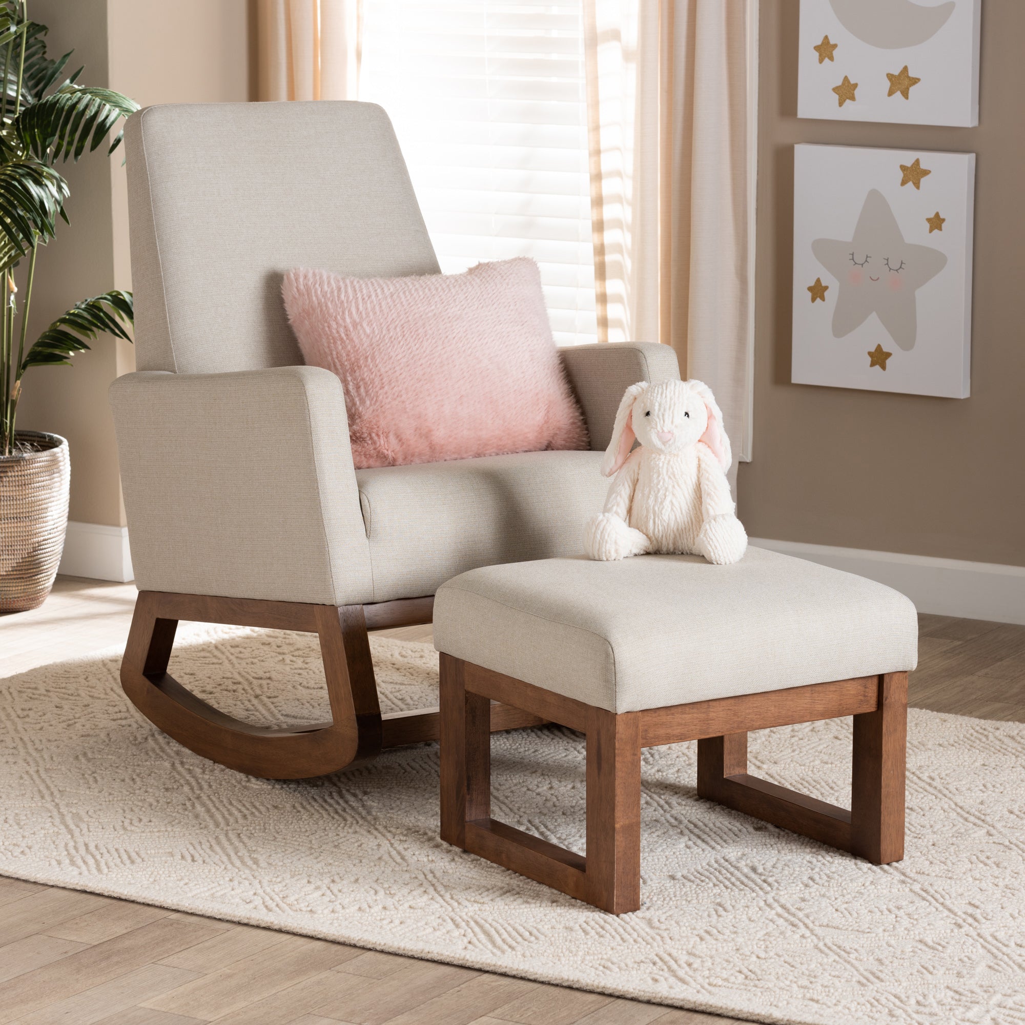 Baxton Studio Yashiya Mid-century Retro Modern Light Beige Fabric Upholstered Rocking Chair and Ottoman Set