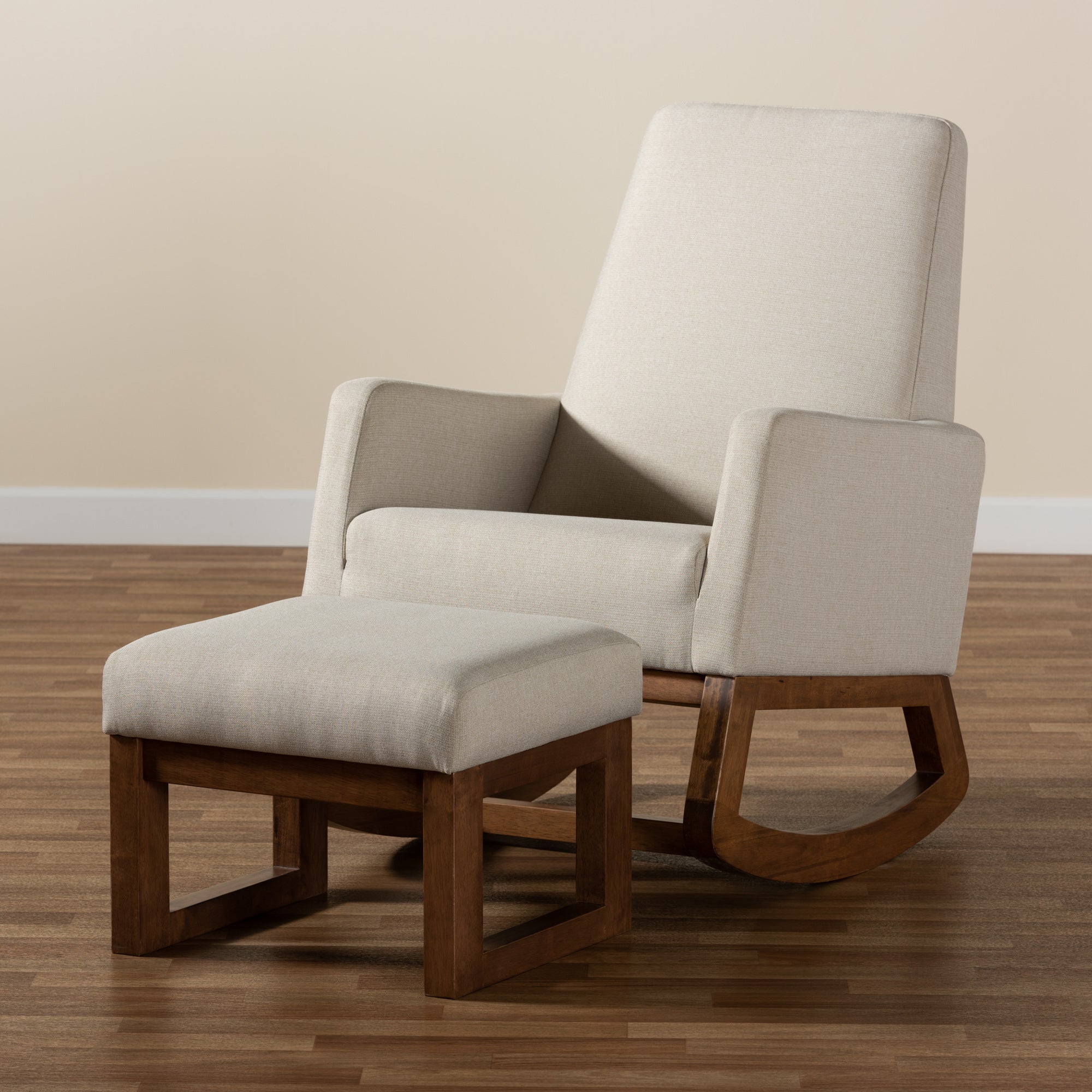 Baxton Studio Yashiya Mid-century Retro Modern Light Beige Fabric Upholstered Rocking Chair and Ottoman Set