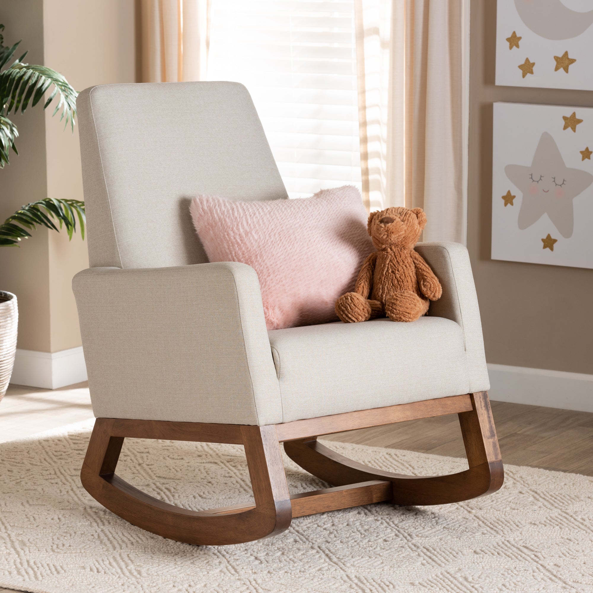 Baxton Studio Yashiya Mid-century Retro Modern Light Beige Fabric Upholstered Rocking Chair