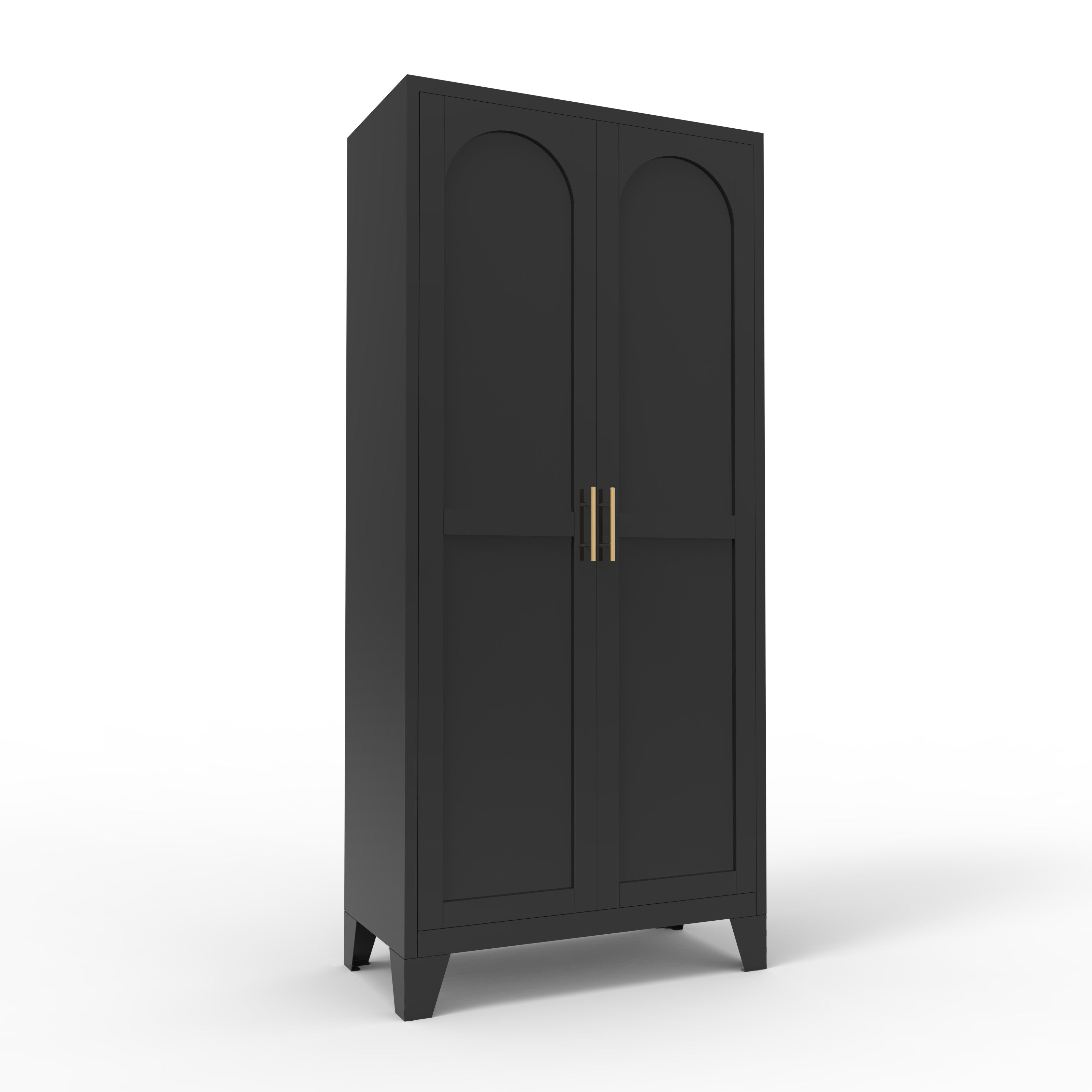 71" Black Stainless Steel Pantry Or Storage Closet With Arched Panel Doors