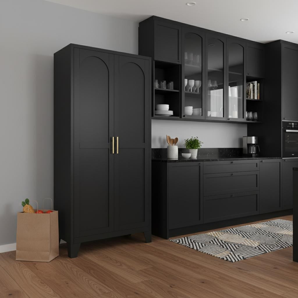 71" Black Stainless Steel Pantry Or Storage Closet With Arched Panel Doors
