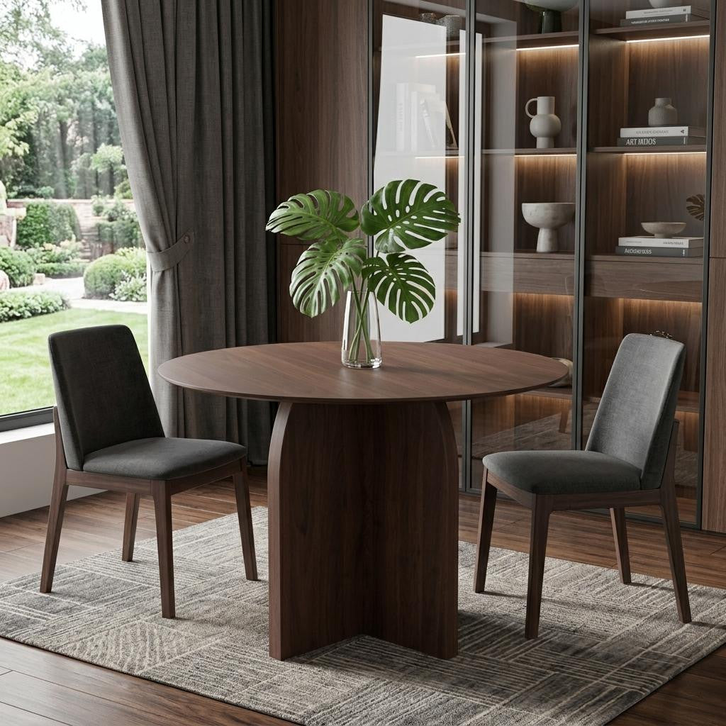 42" Brown Wood Pedestal Base Round Top Dining Table