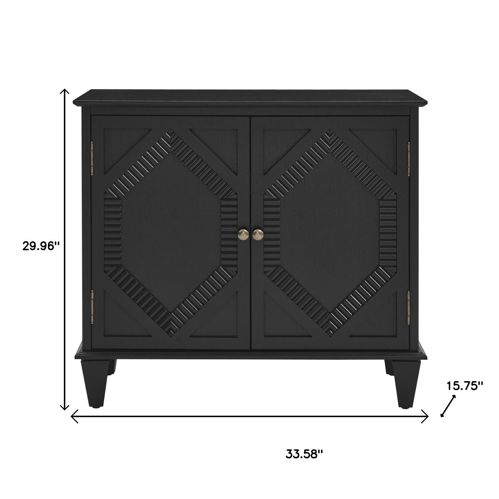 34" Black Wood Carved Geometric Accent Cabinet With Two Doors