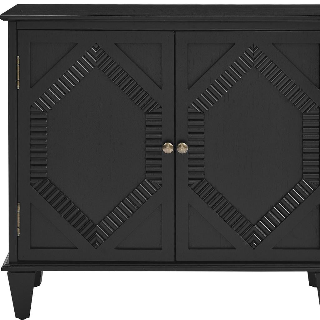 34" Black Wood Carved Geometric Accent Cabinet With Two Doors