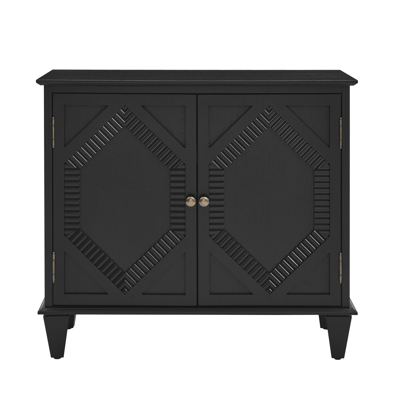 34" Black Wood Carved Geometric Accent Cabinet With Two Doors