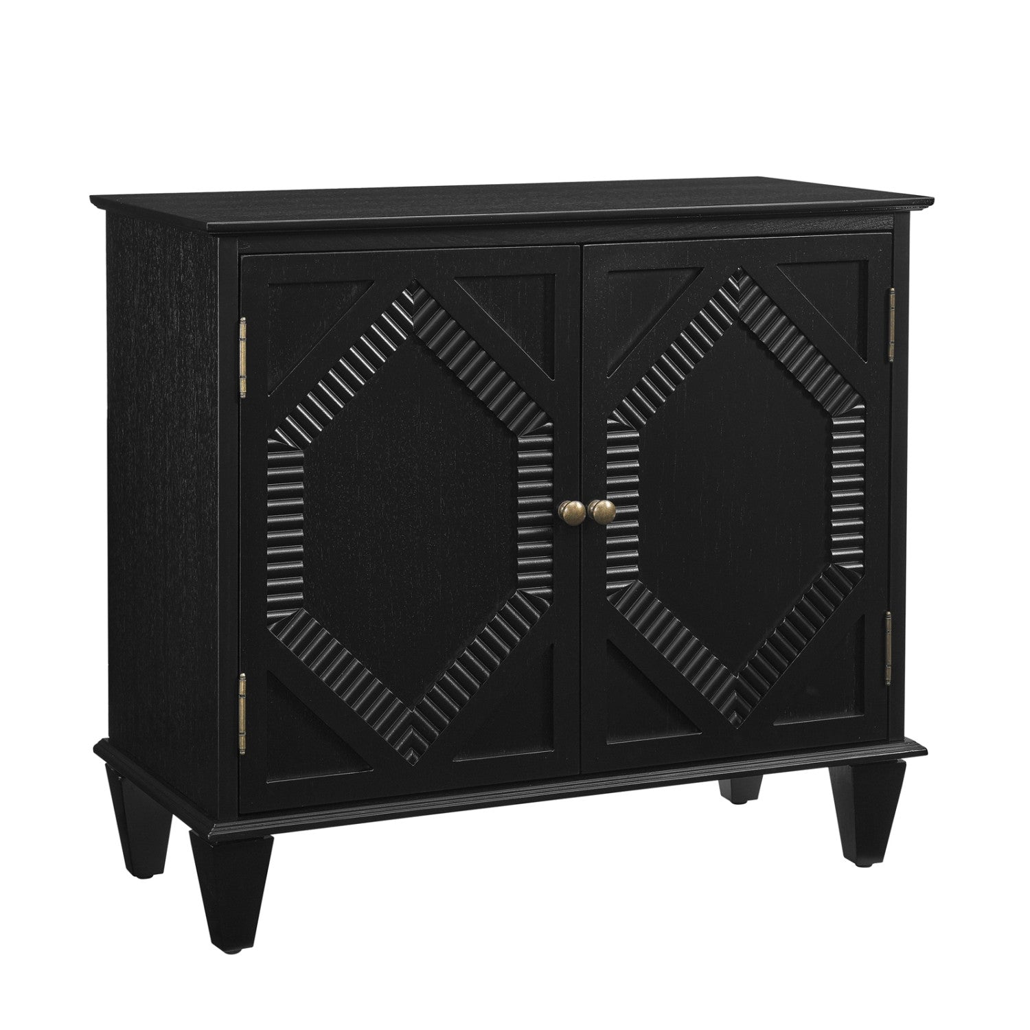 34" Black Wood Carved Geometric Accent Cabinet With Two Doors