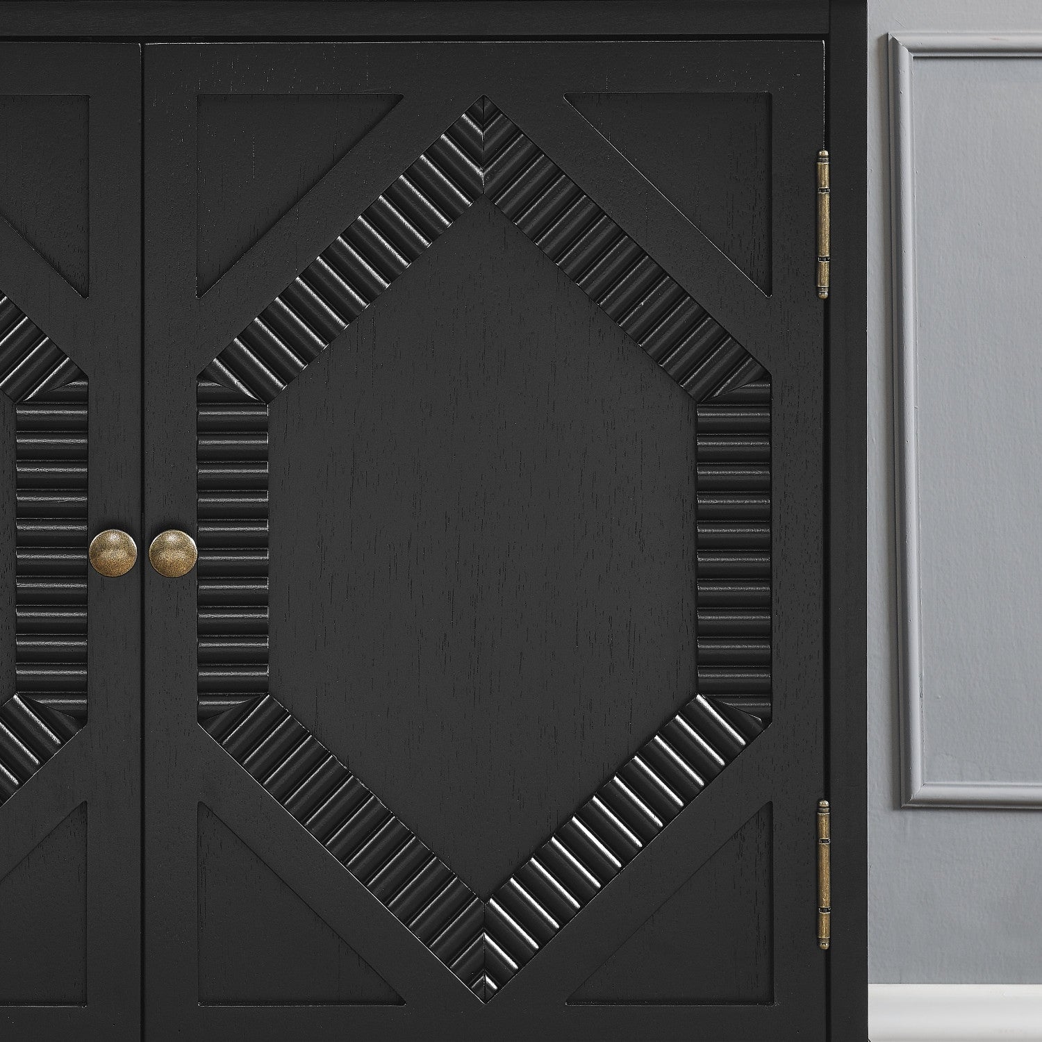 34" Black Wood Carved Geometric Accent Cabinet With Two Doors