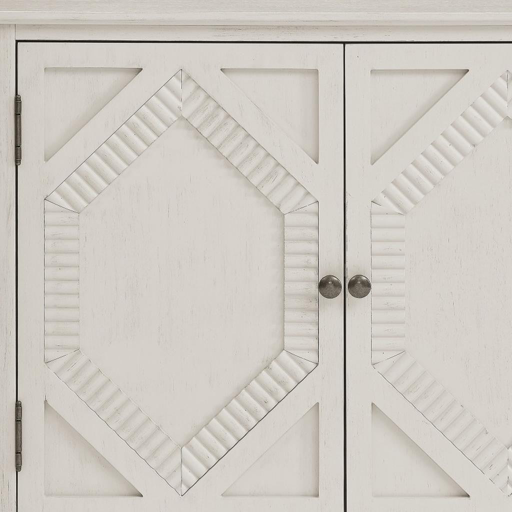34" White Wood Carved Geometric Accent Cabinet With Two Doors