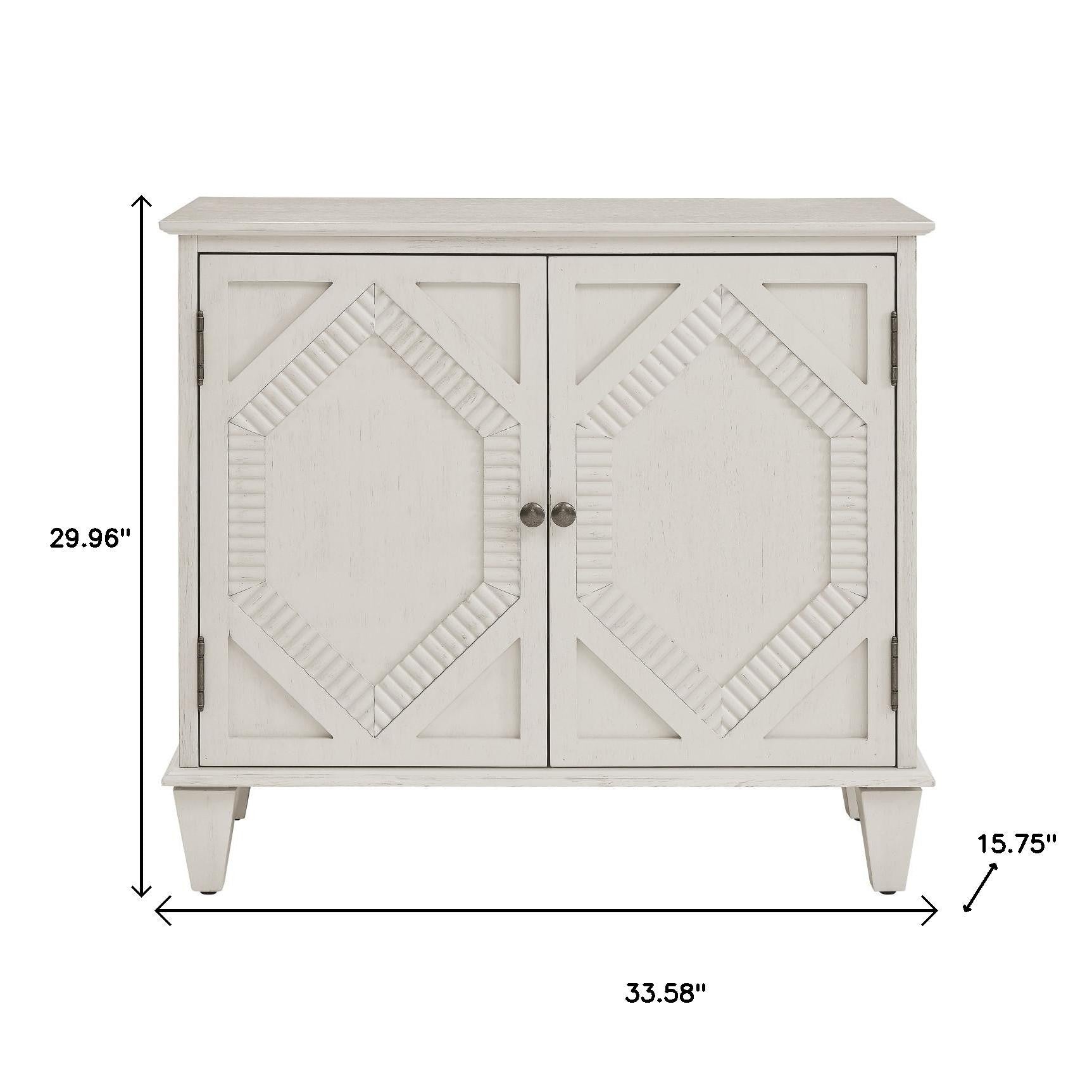 34" White Wood Carved Geometric Accent Cabinet With Two Doors