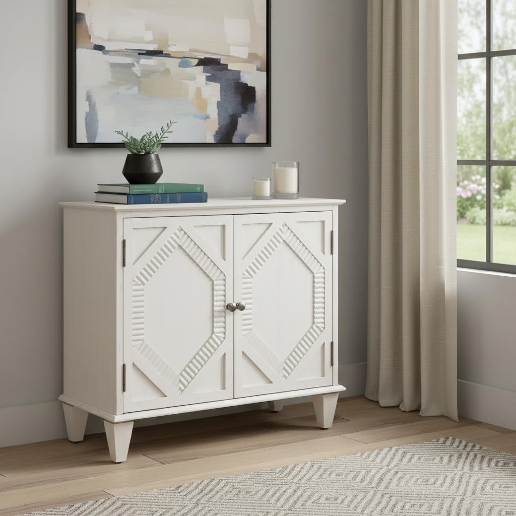 34" White Wood Carved Geometric Accent Cabinet With Two Doors