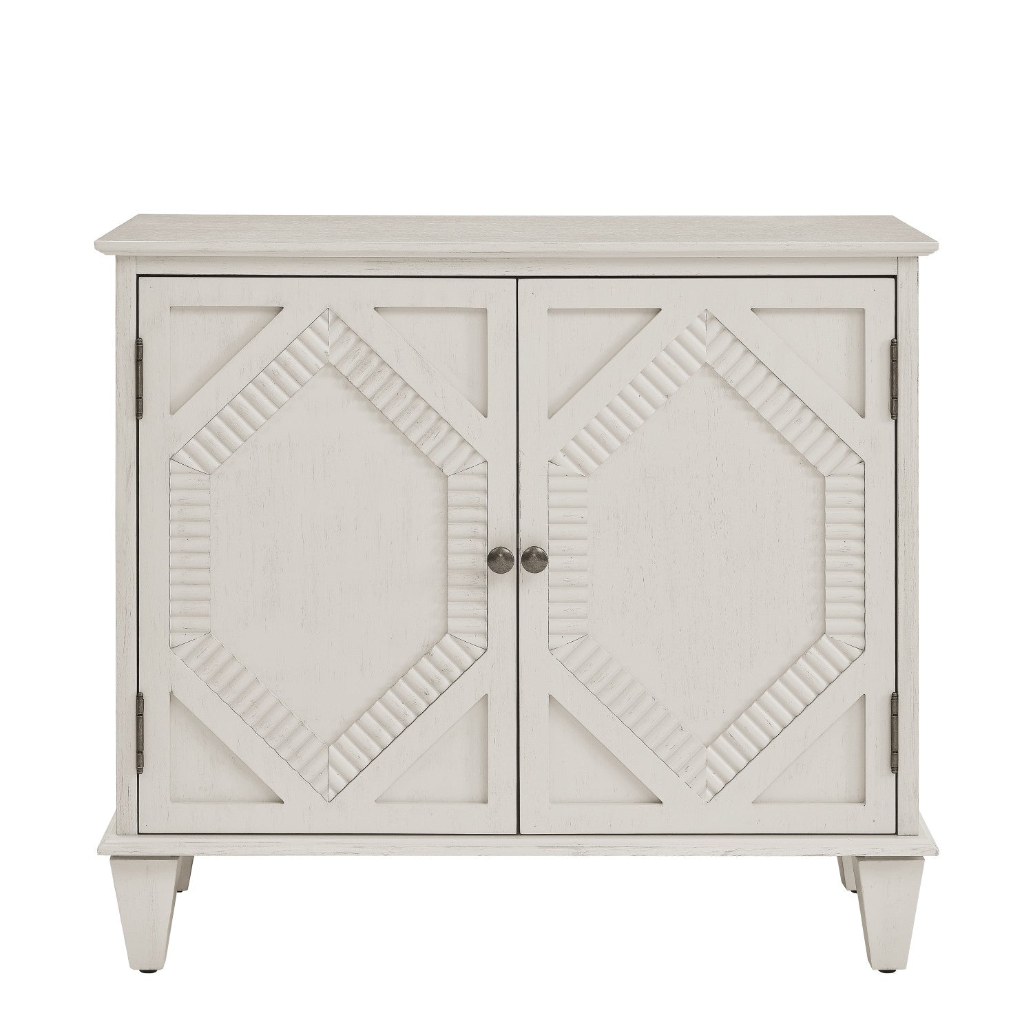 34" White Wood Carved Geometric Accent Cabinet With Two Doors