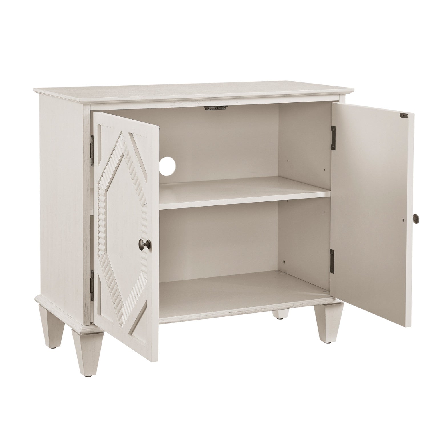 34" White Wood Carved Geometric Accent Cabinet With Two Doors