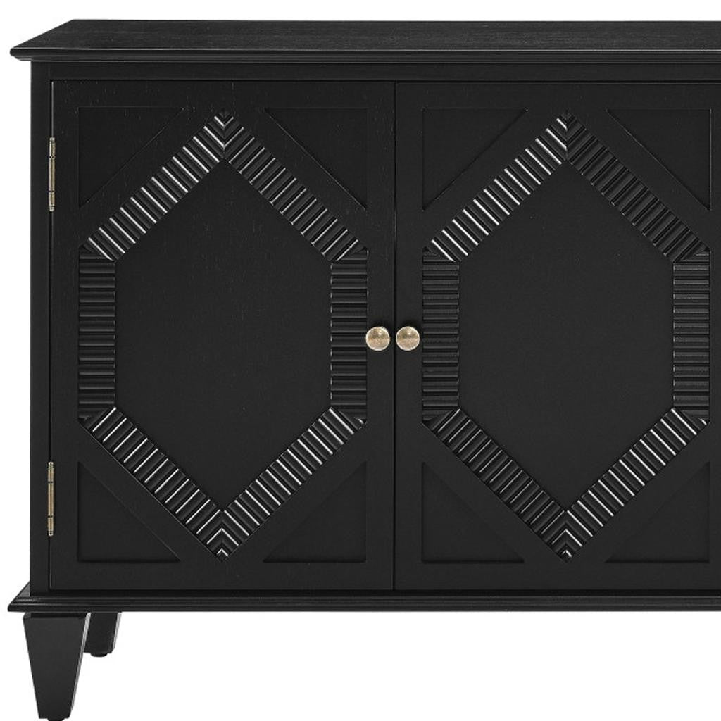 66" Black Wood Carved Geometric Accent Cabinet With Four Doors