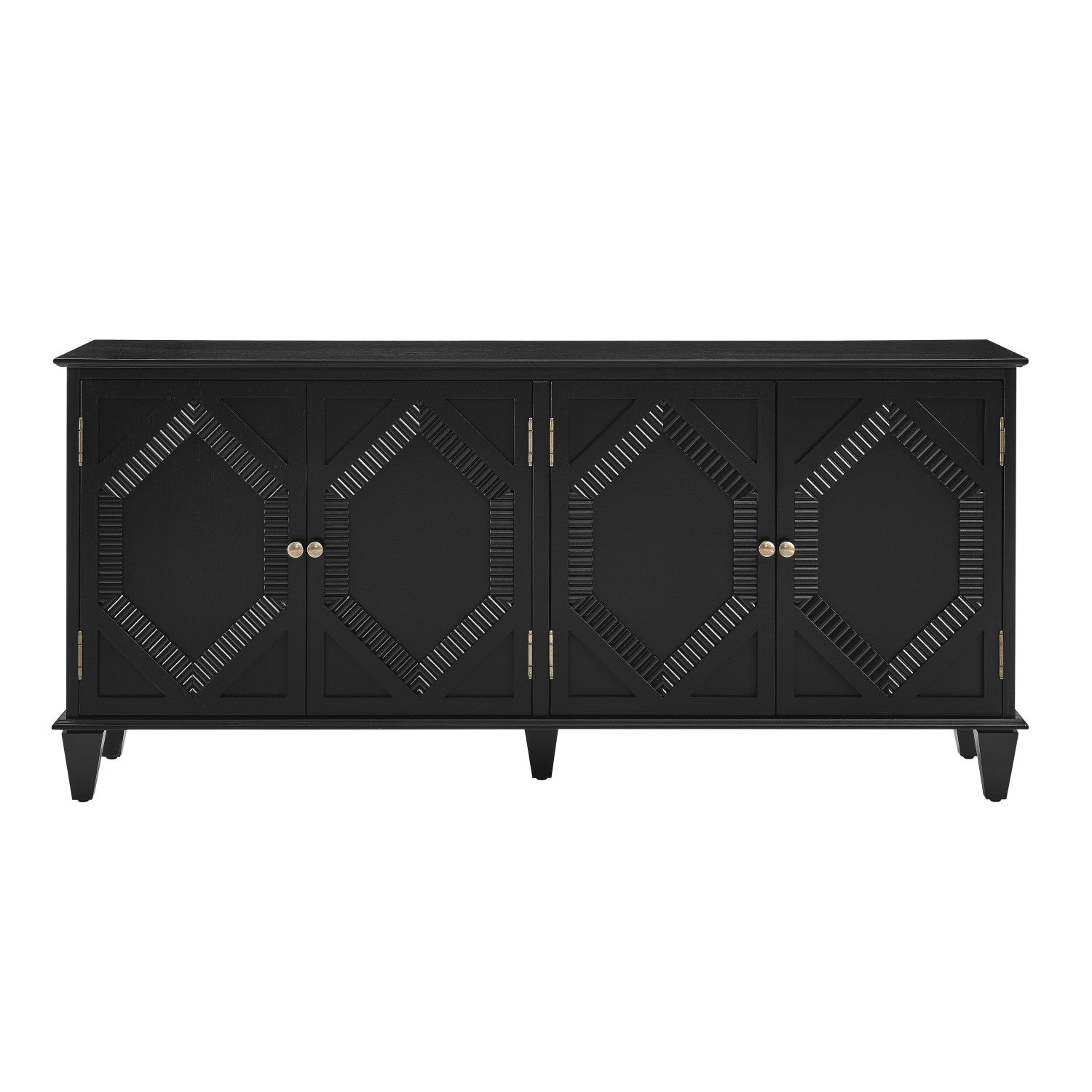 66" Black Wood Carved Geometric Accent Cabinet With Four Doors