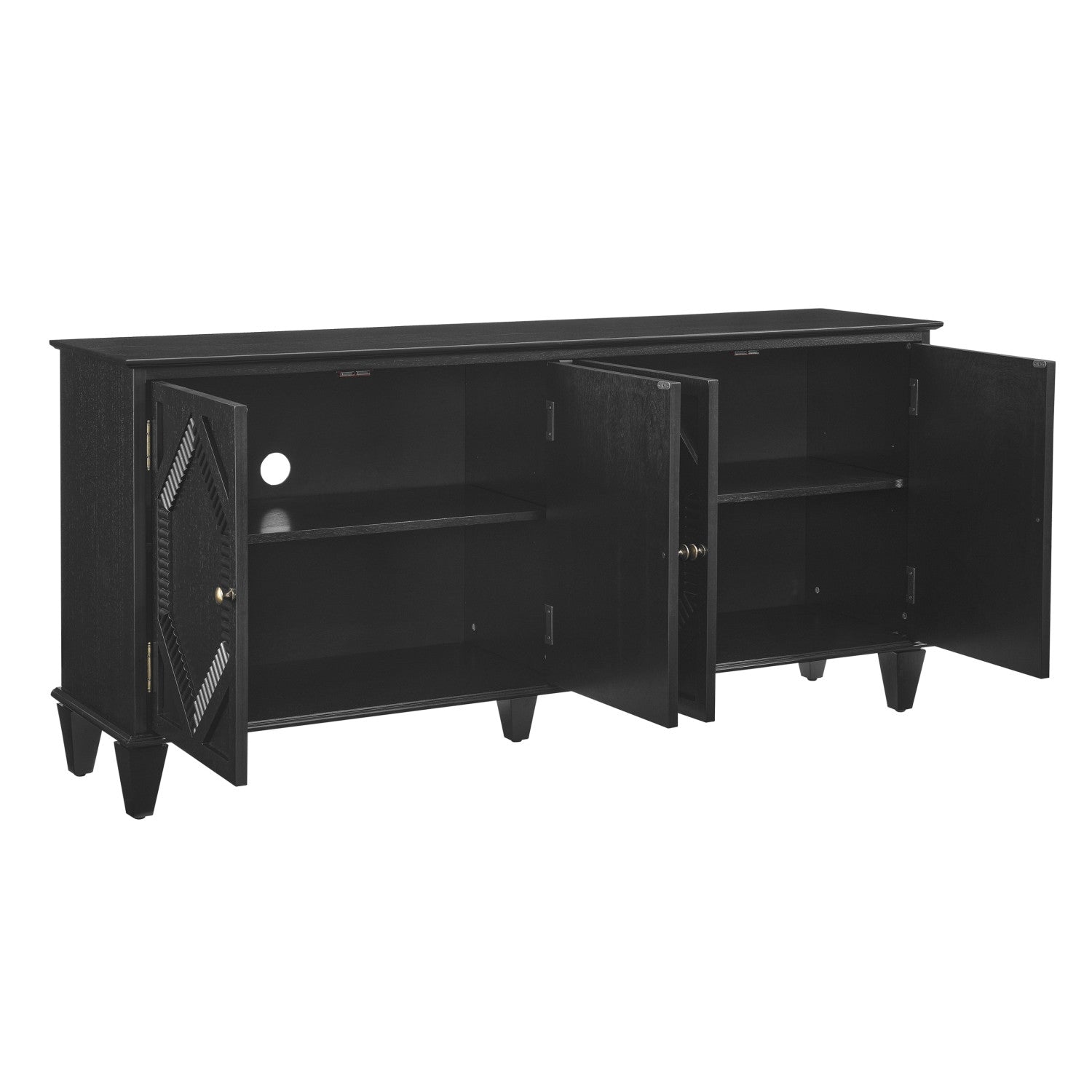 66" Black Wood Carved Geometric Accent Cabinet With Four Doors