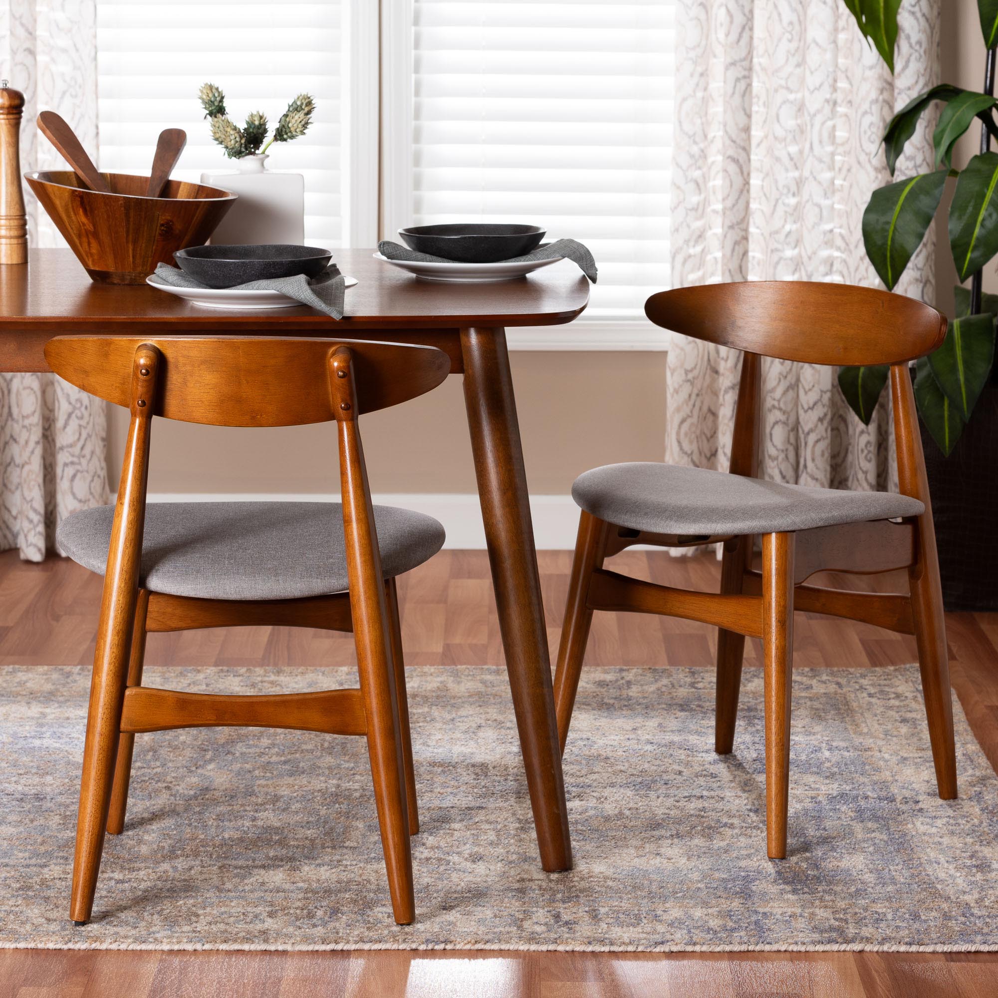 Baxton Studio Flora Mid-Century Modern Light Grey Fabric and "Oak" Medium Brown Finishing Wood Dining Chair