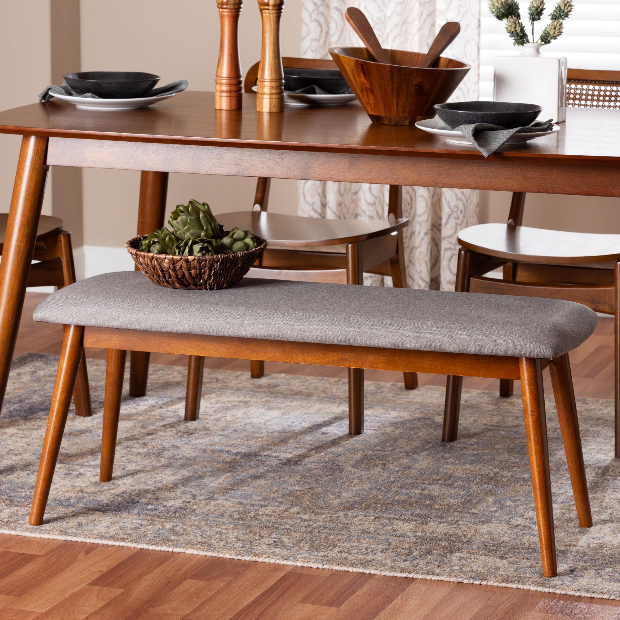 Baxton Studio Flora Mid-Century Modern Light Grey Fabric and "Oak" Medium Brown Finishing Wood Dining Bench