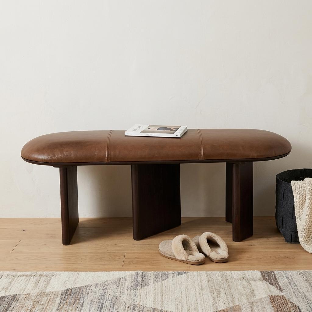 48" Brown Genuine Leather and Solid Wood Upholstered Bench