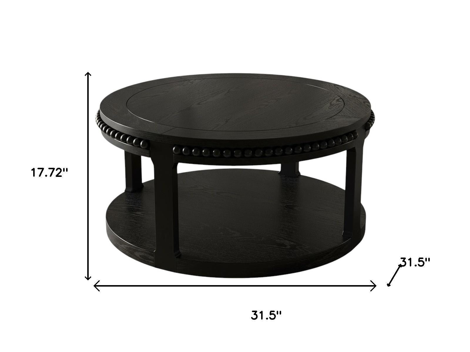 32" Black Wood Floor Shelf Beaded Round Coffee Table