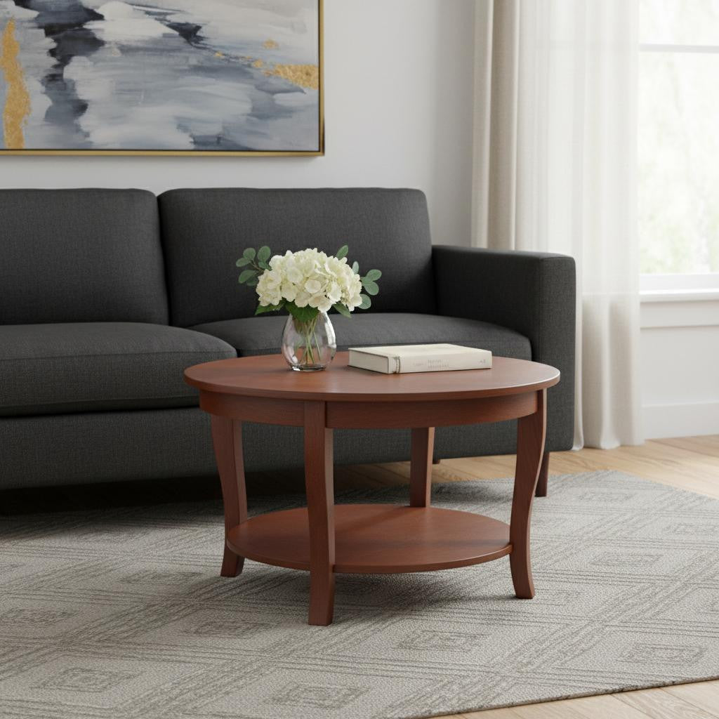 30" Walnut Wood Round Coffee Table With Shelf