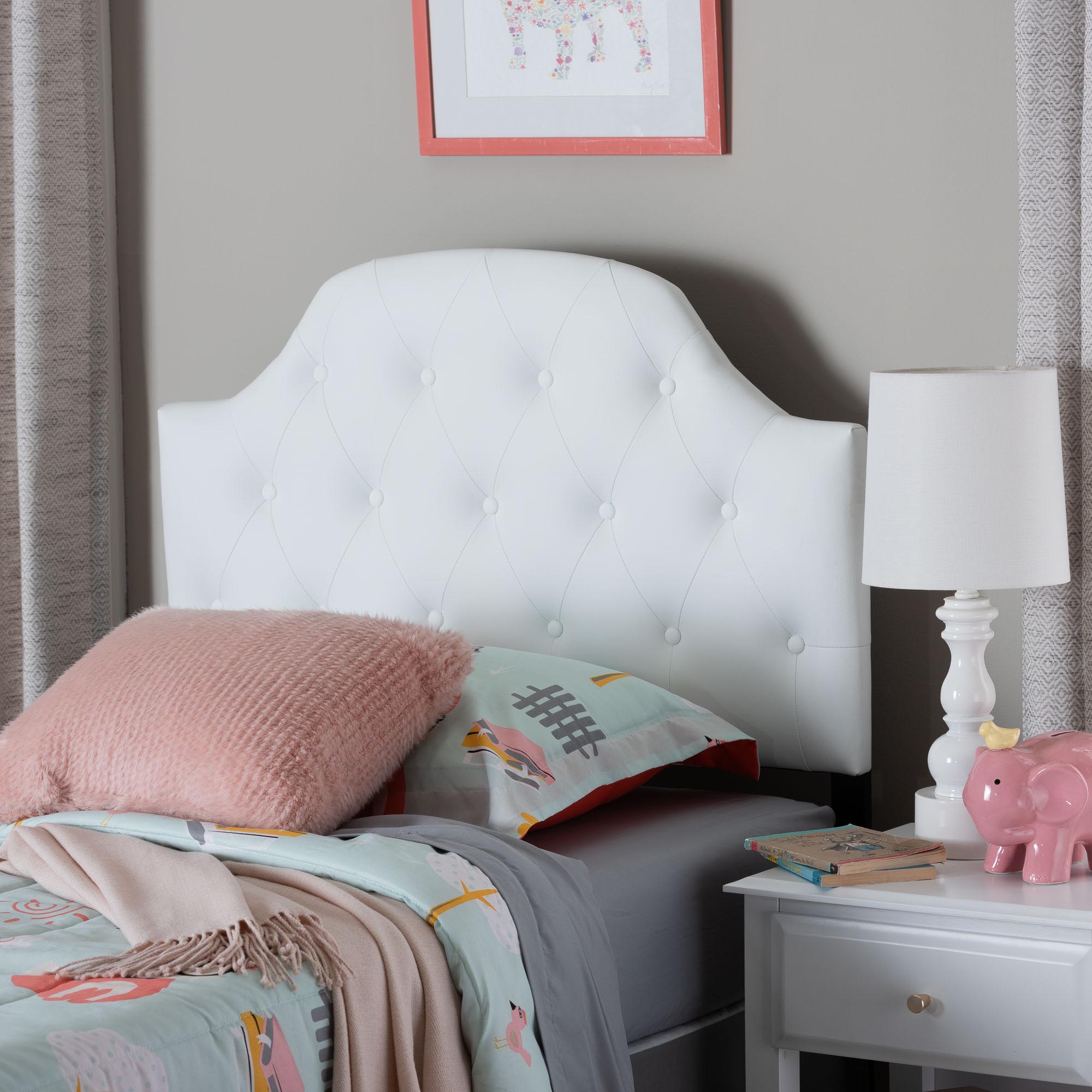 Baxton Studio Morris Modern and Contemporary White Faux Leather Upholstered Button-Tufted Scalloped Twin Size Headboard