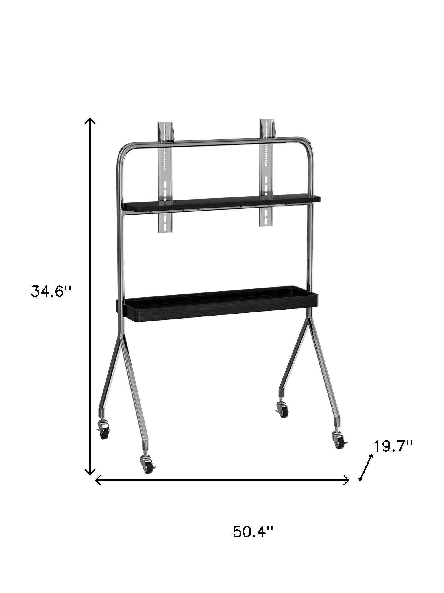 50" Black And Silver Stainless Steel Open Shelving Rolling TV Stand
