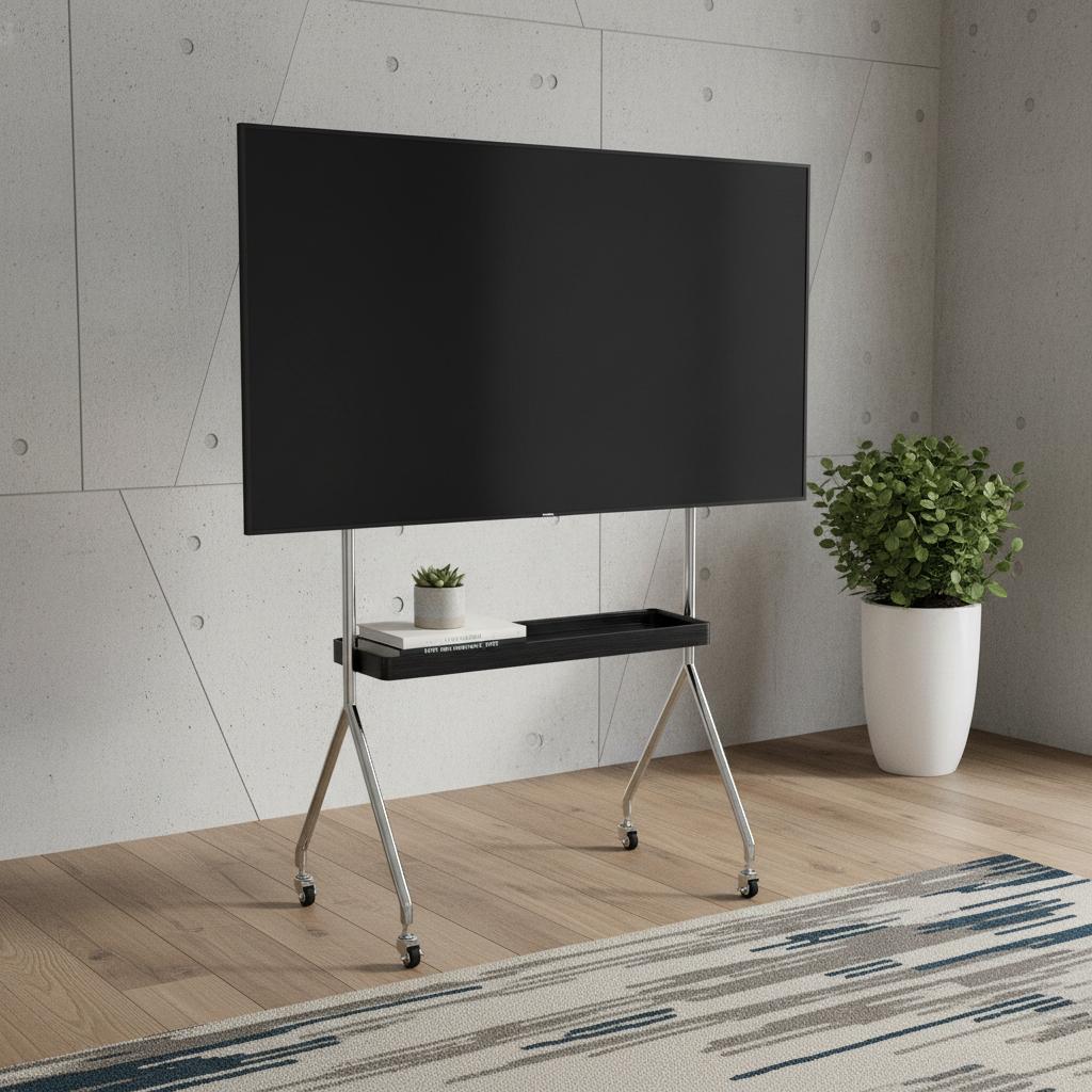 50" Black And Silver Stainless Steel Open Shelving Rolling TV Stand
