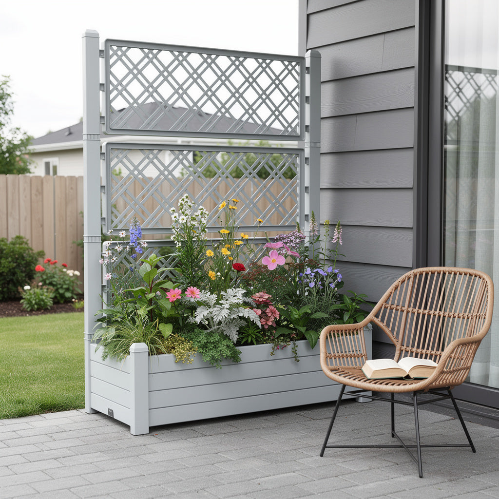 59" X 43" Gray Resin Rectangular Planter Box With Trellis