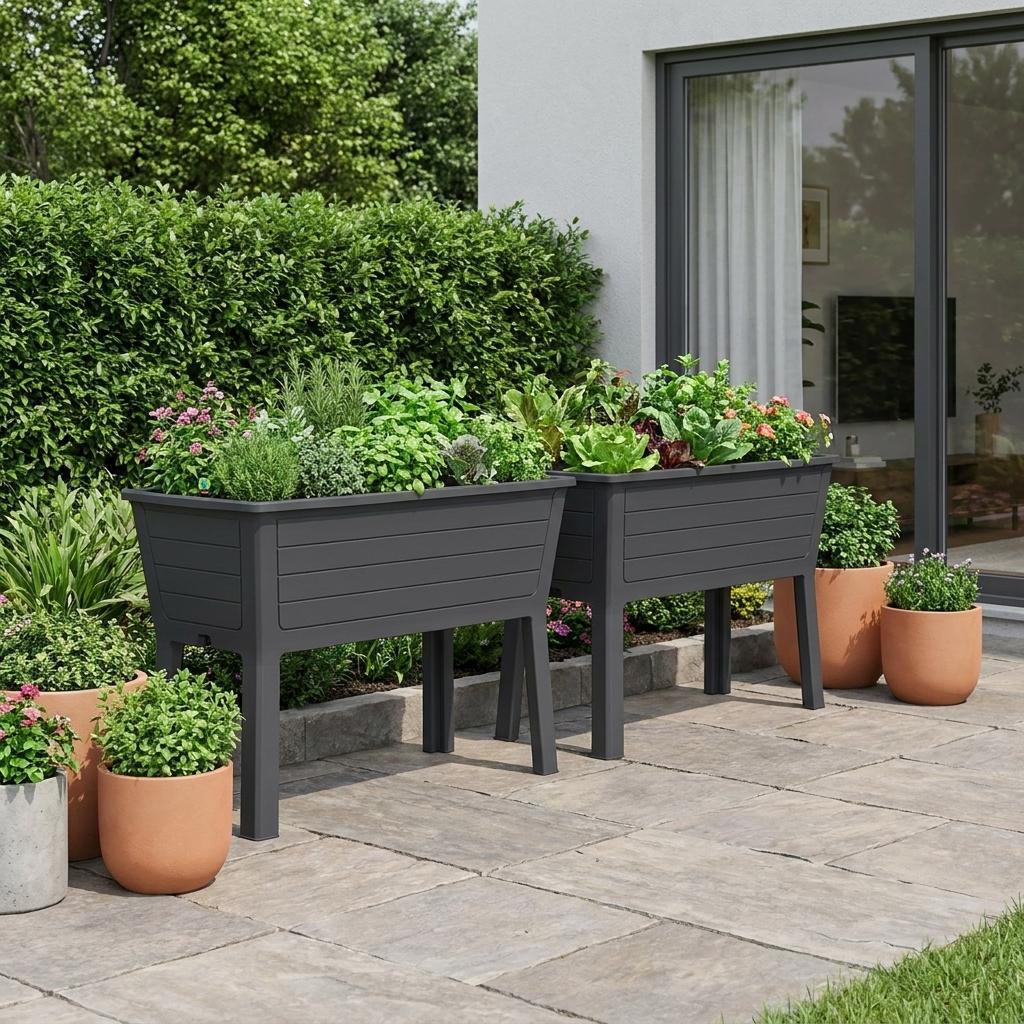 Set of Two Black Resin Rectangular Raised Garden Bed