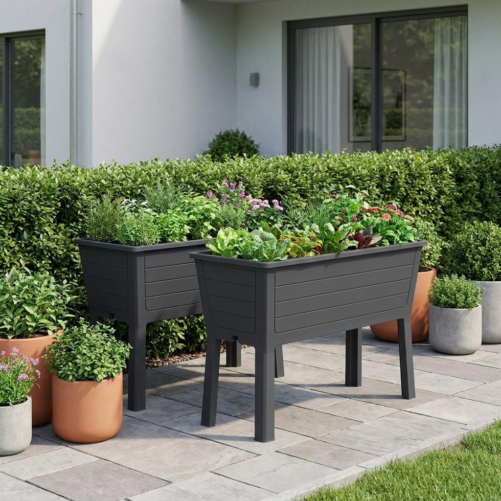 Set of Two Black Resin Rectangular Raised Garden Bed