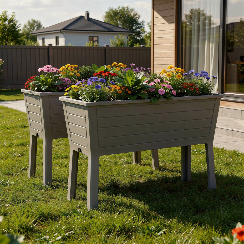 Set of Two 20" X 44" Light Brown Resin Rectangular Raised Garden Bed