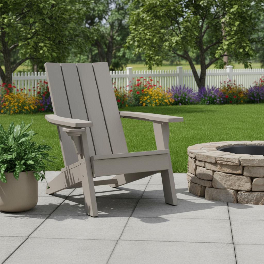 35" Light Brown Faux Wood Heavy Duty Plastic Outdoor Adirondack Chair with Storage
