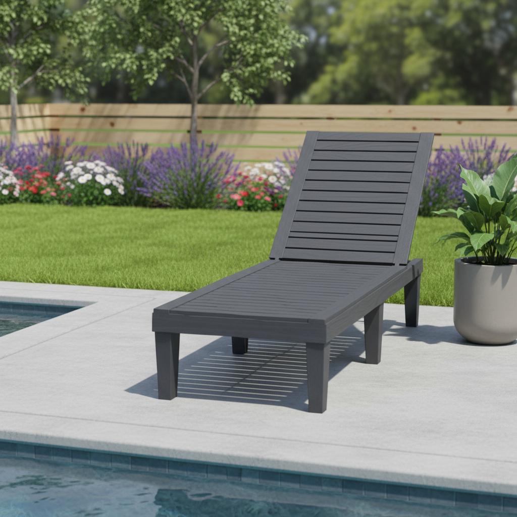 75" Black Heavy Duty Plastic Five Position Adjustable Outdoor Chaise Lounge