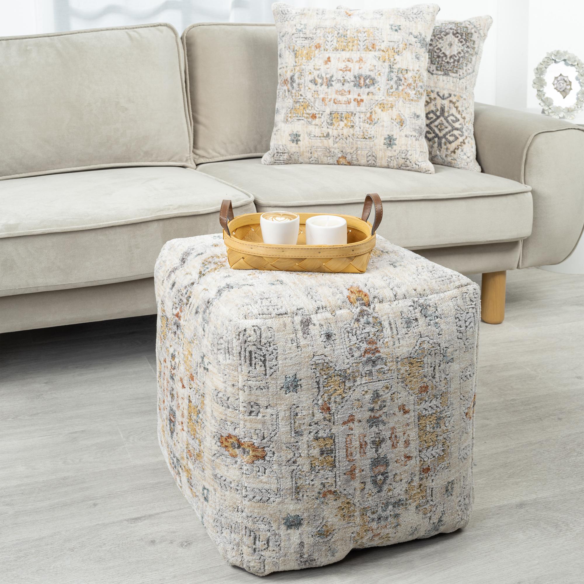 18" Ivory and Light Gray Upholstered Medallion Pouf Ottoman