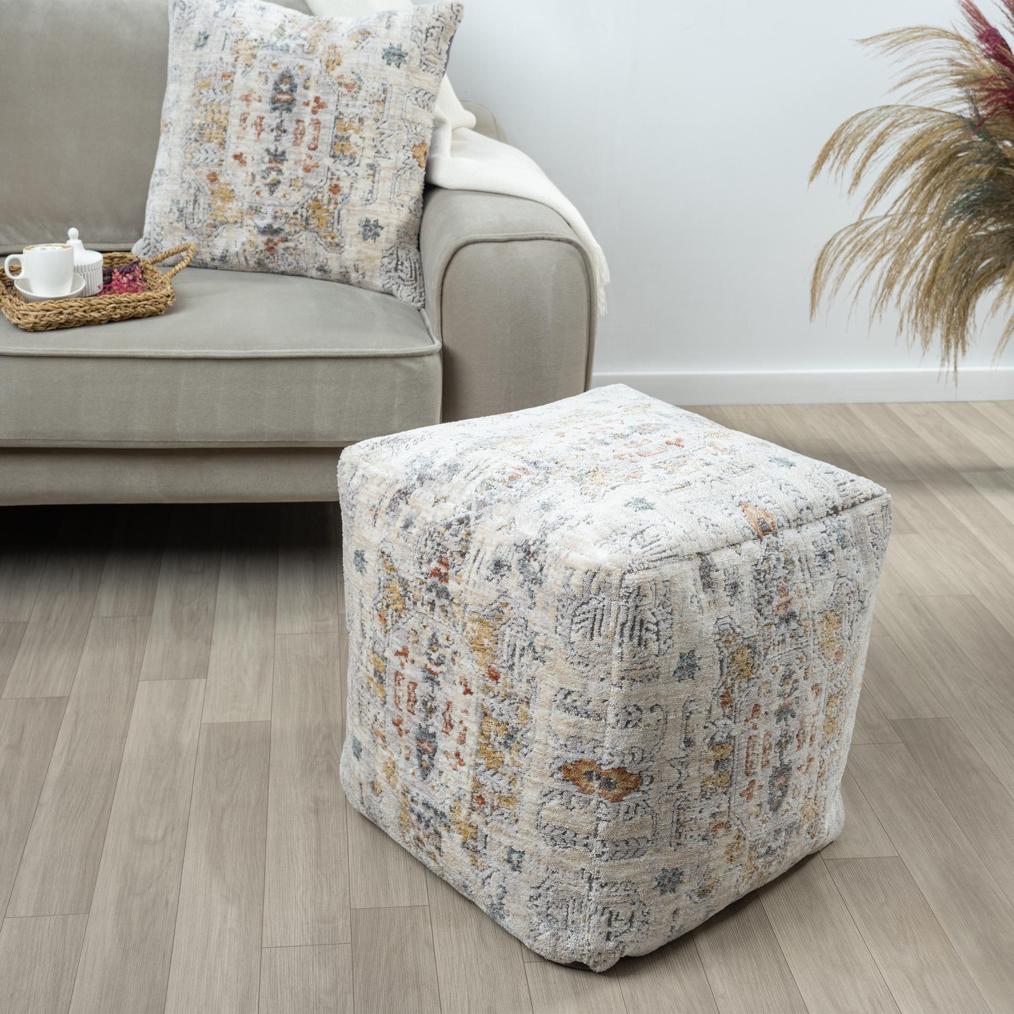 18" Ivory and Light Gray Upholstered Medallion Pouf Ottoman